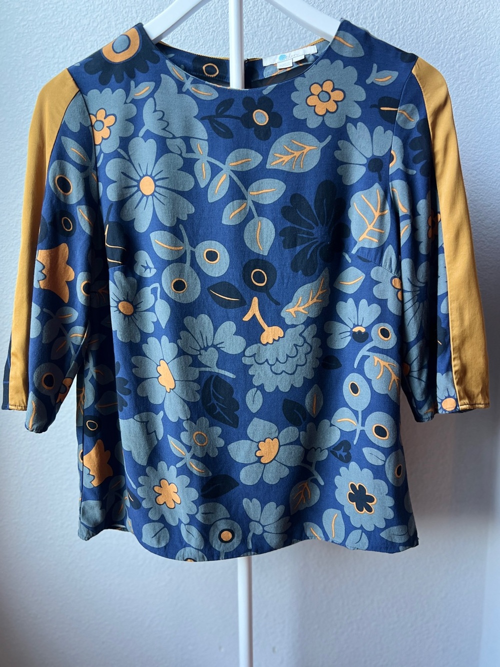 Boden Blue Floral Blouse with Mustard Sleeve Panels Fall Preppy